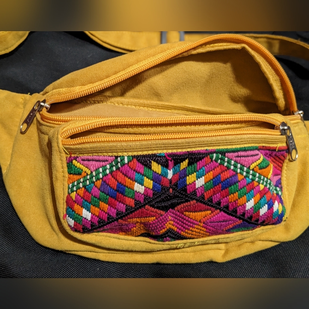 Retro Fanny Pack| Banana Bag | Native Style Embroidery | Yellow Suede - Picture 2 of 8